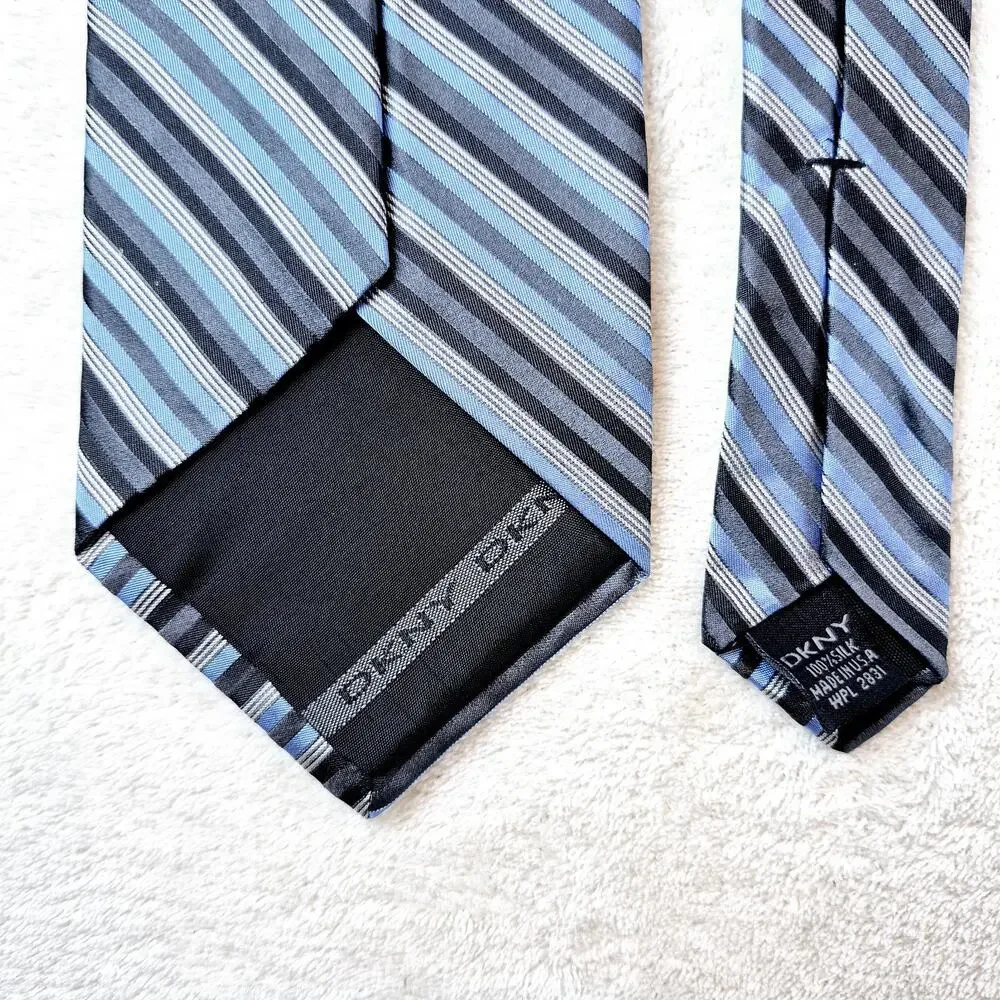 Lot of 2 DKNY Donna Karan Designer Striped Blue & Gray 100% Silk Neckties